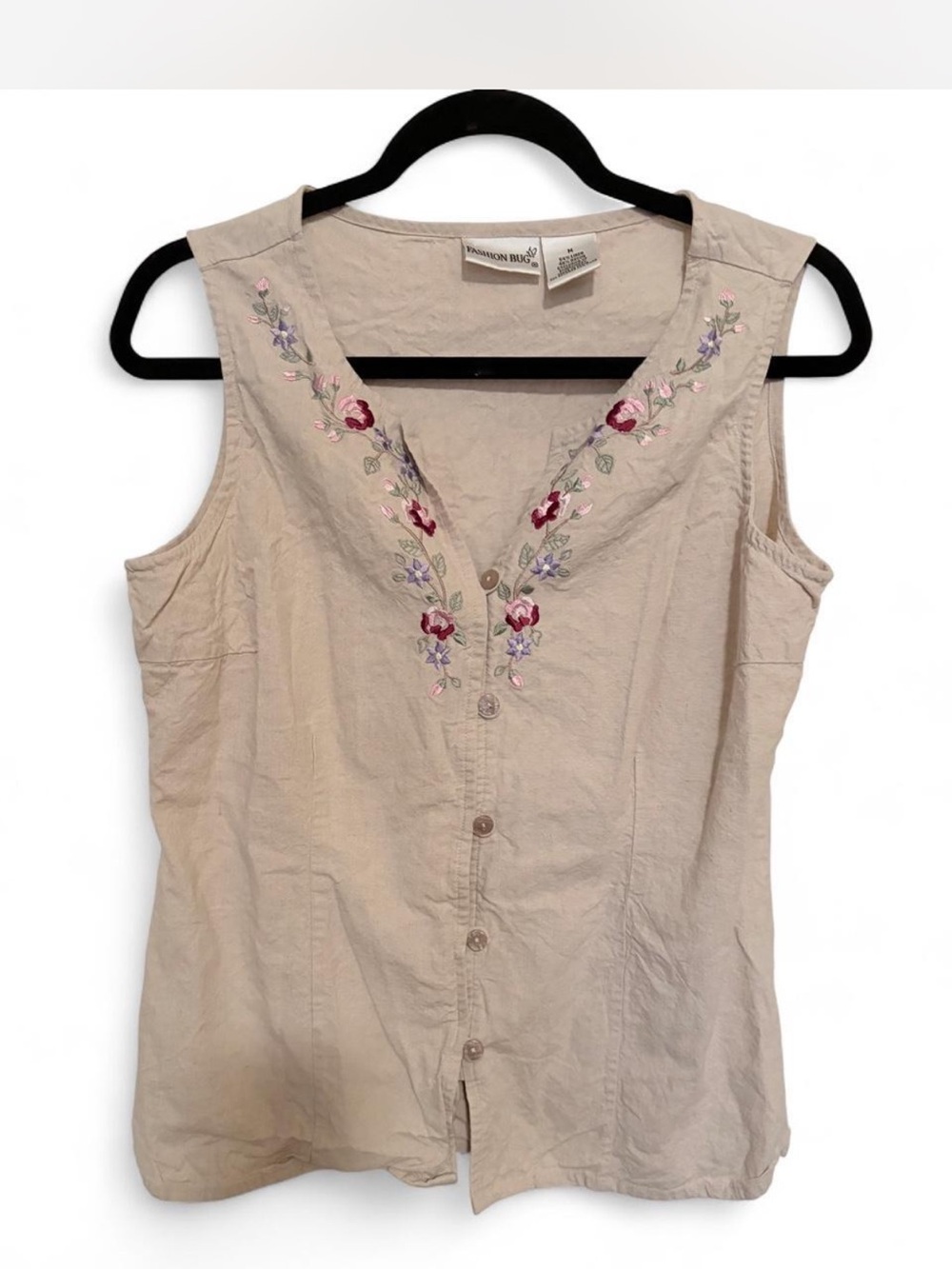 Beige  Embroidered Sleeveless Button-Front Top